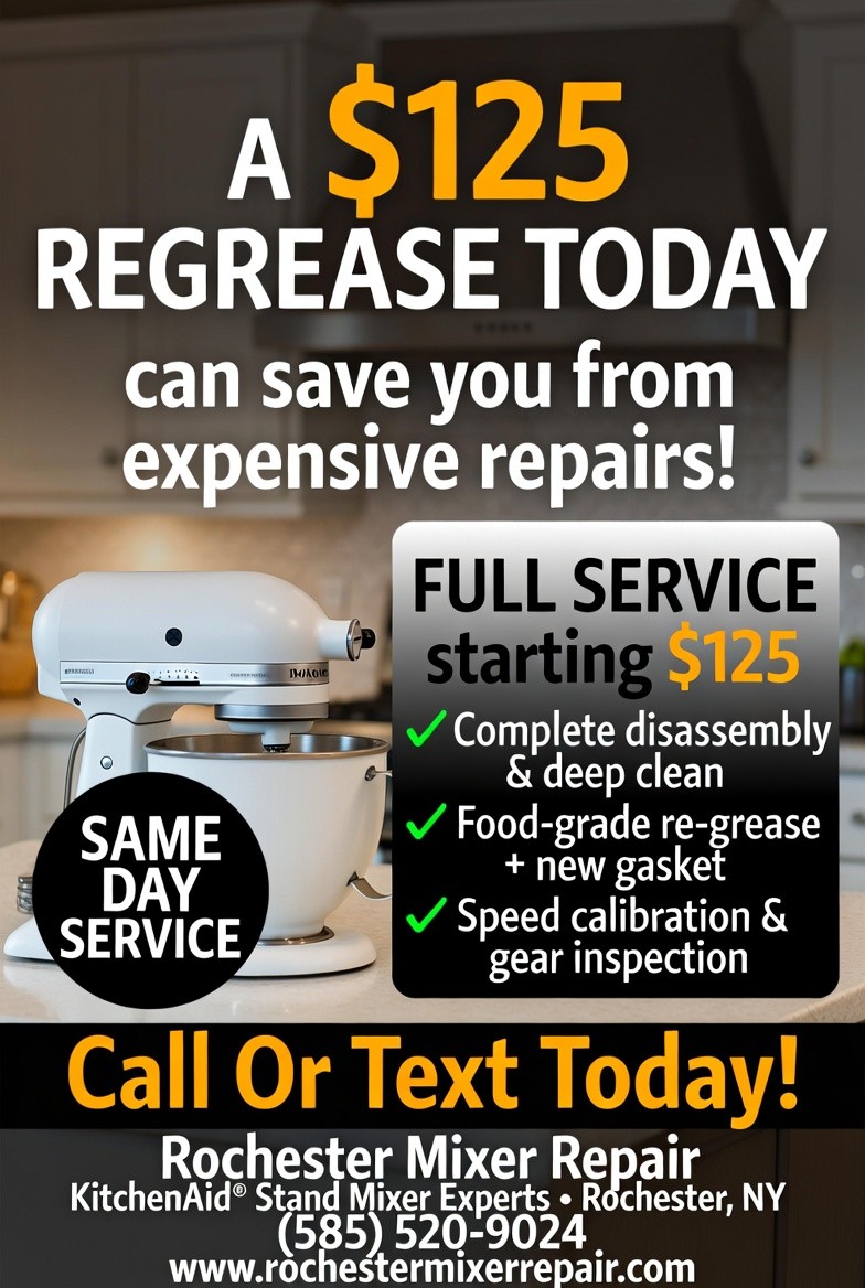 A $125 regrease today can save you from expensive repairs. Full service starting at $125. Same-day service. Rochester Mixer Repair.